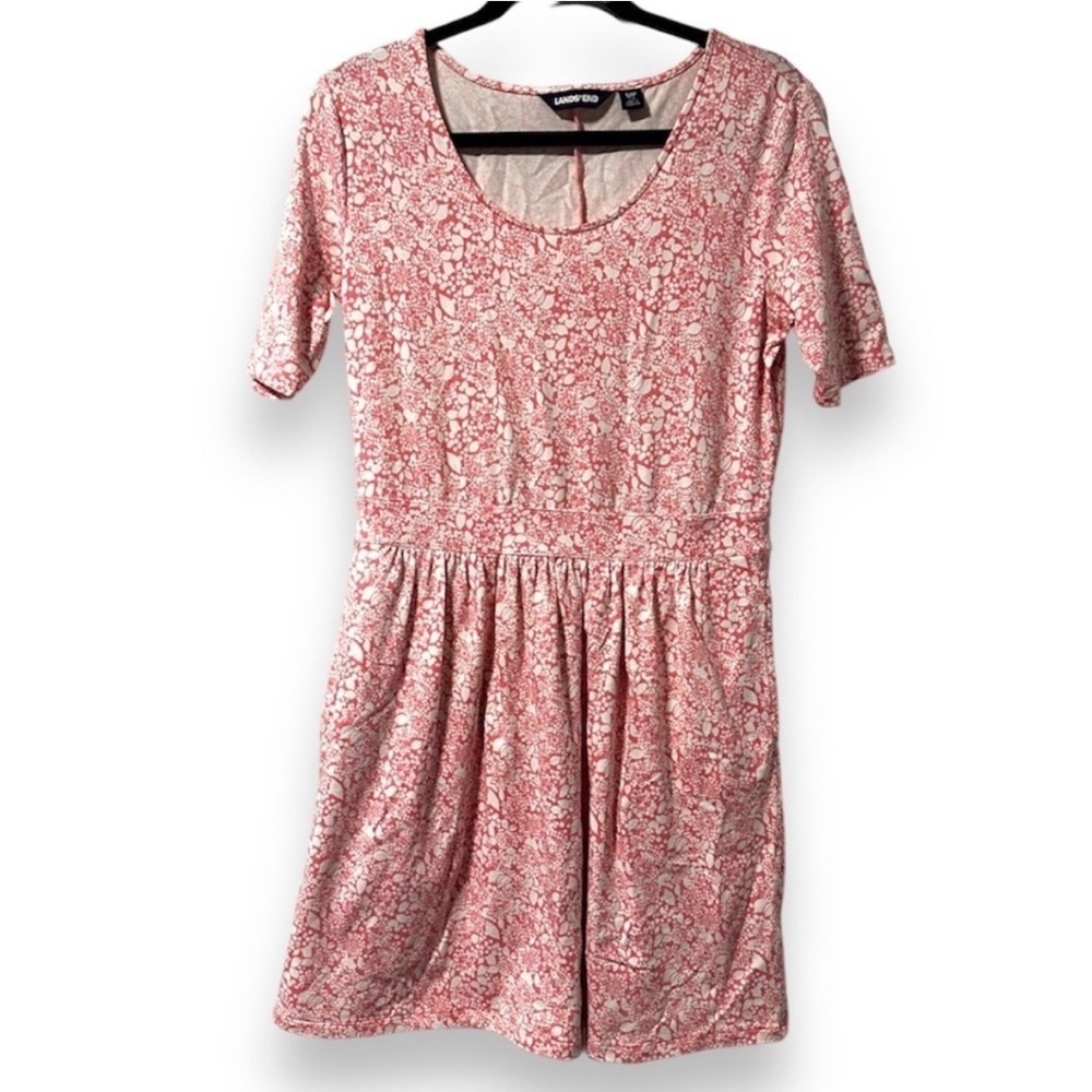 Lands’ End Pink White Floral Scoop Neck Dress Short Sleeves Womens Size Small